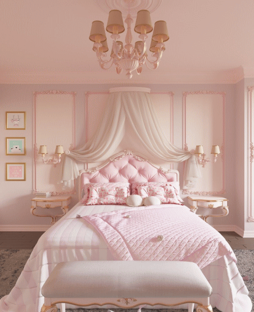 ピンク系の配色の寝室